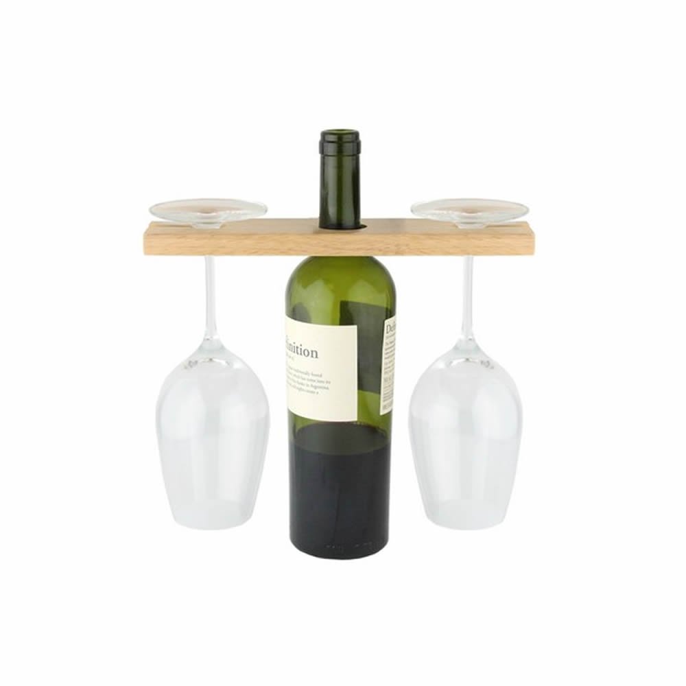 apollo THE HOUSEWARES BRAND RB Wine Holder 2, Ideal for 2 Wine Glasses, Hevea Wood, Great Gift Idea, Size: 26x7x1.7cm, Natural