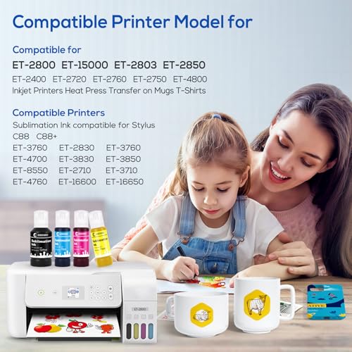 Sublimation Ink Refill Bottles Compatible for Epson Printers ET2800 ET2400 ET4800 ET15000 ET8550 ET2850 ET2803 ET3830 ET3850 ET4850 ET5800 Heat Press Transfer on Mugs T-Shirts(4 Pack)