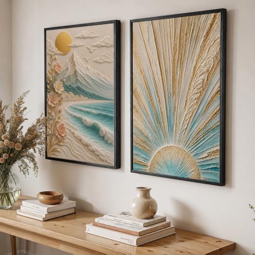 Image of NoWorries Coastal Sunrise Wall Painting Set of 2 with Frame | Textured Sunburst & Beach Landscape Artwork, Ocean Mountain Floral Nature Wall Decor for Living Room, Bedroom, Office and Home Decoration (Art-13, 17x25inch)