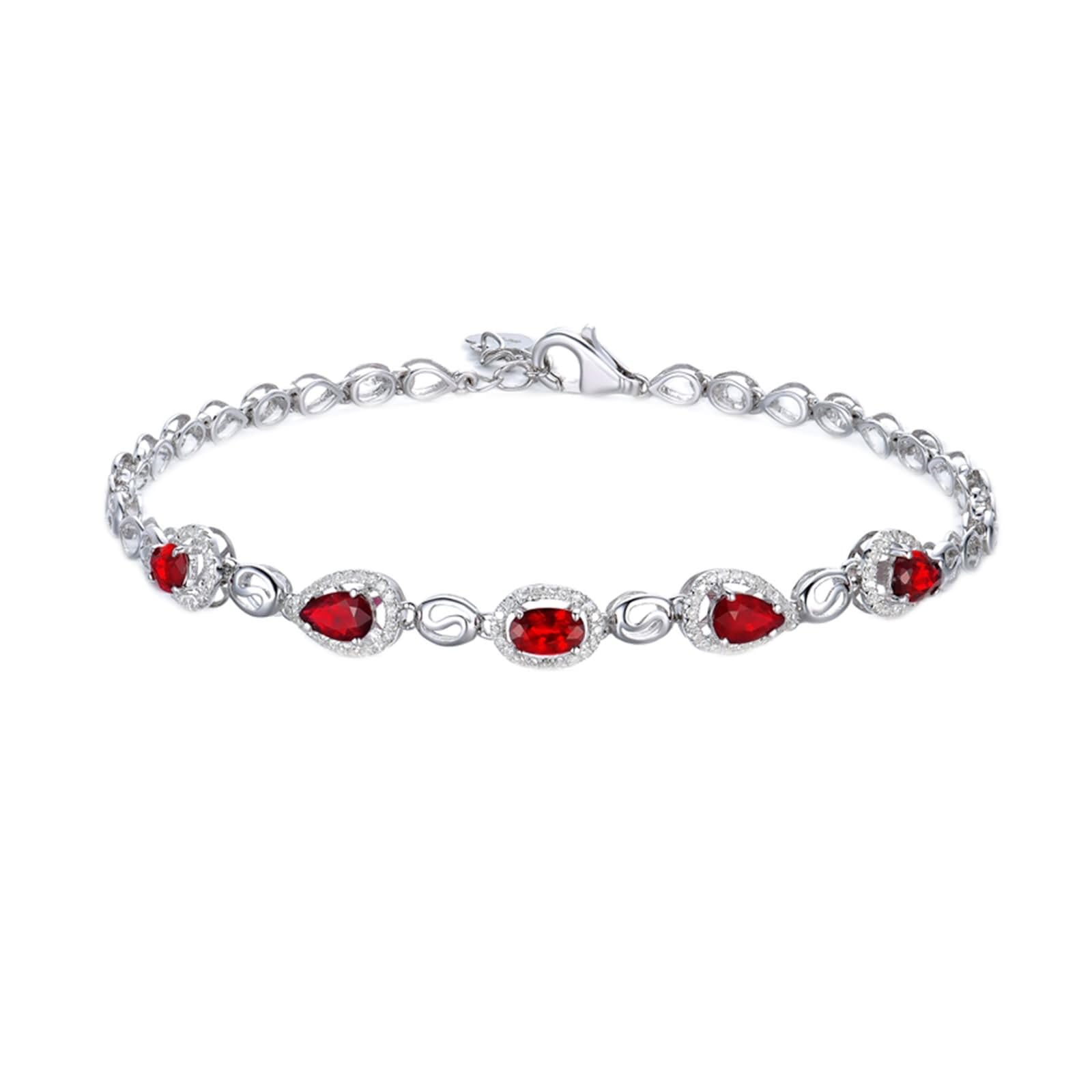 Pulsera Oro Blanco Mujer 9Kilates / 14Kilates / 18Kilates, Gota de Agua y Oval con Rubí Creado de 1,2 ct y Diamante, Cadena Extensible 16 CM + 5 CM, Pulsera Ajustable Mujer Cadena Plata Rojo