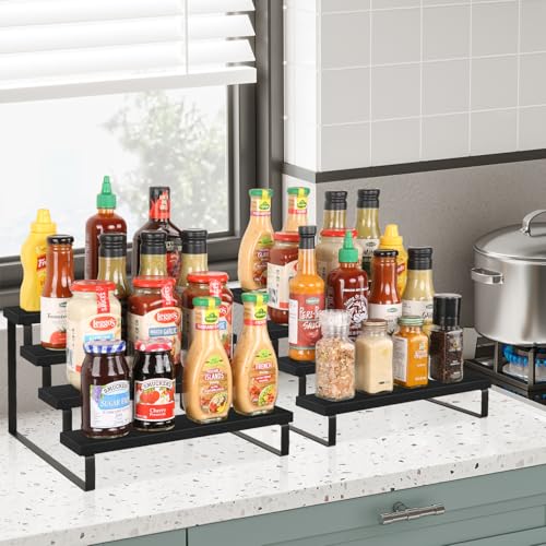Image of YINMIT Wooden Display Riser Stand, Tiered Perfume and Cologne Organizer Stand, 4 Tier Spice Rack Organizer, Rustic Display Shelf for Candles (4 Tier,2Pack,Black)