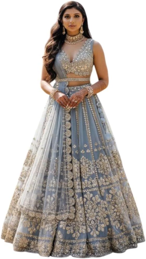 Blue Embroidered Lehenga Choli Set, Blue and Gold, Net Fabric,Wedding and Party Wear