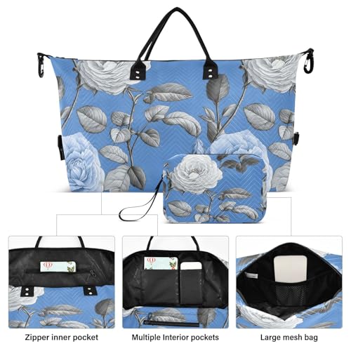Rose Travel Gym Bag, Rose Flower Elegant Pattern Weekender Overnight Duffle for Women with Toiletry Bag Travel Swim2
