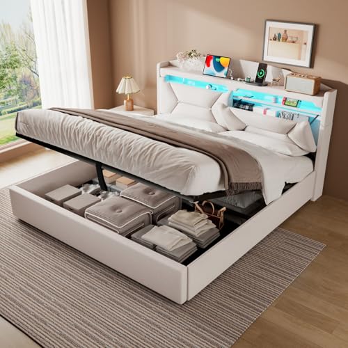 ZUUYEE Cama Matrimonio 160x200 con Almacenamiento, Camas Matrimoniales con LED, Puertos USB y Type-C, Canape 160x200 Hidráulico, Cama Matrimonio con Cabecero, Lino, Beige, Colchón No Incluido