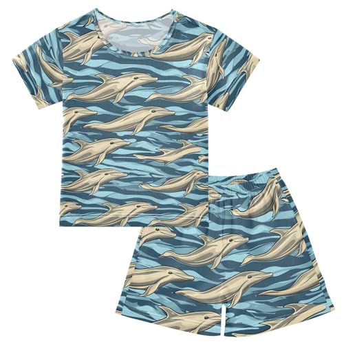 ALAZA Dolphin Ocean Wave Blue Pajamas Set Short Sleeve Cotton Sleepwear Summer Pjs 2 Piece 5-14Y