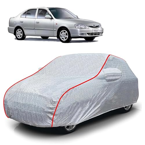 Image of Sulfar 100% Waterproof Car Body Cover Compatible with Mirror for Hyundai Accent (Triple Stitched, Full Bottom Elastic, Magic Silver with Red Piping)