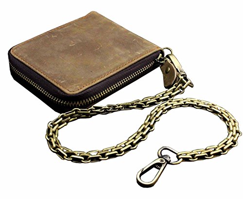 Genuine Cowhide Leather Zipper Card Holder Mens Wallet w/Chain Vintage Biker L723