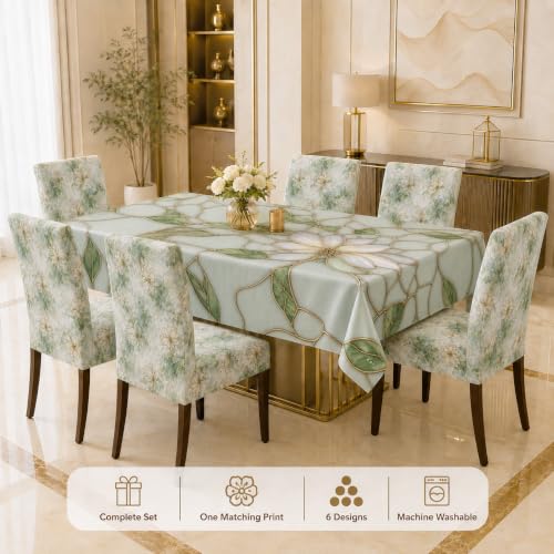 Image of Cloth Fusion Dining Table Cover with 6 Chair Covers, 6 Seater Table Cloth | Table cover and every chair cover in one matching print; 4-way stretch chair covers; 6 designs; washable, not PVC