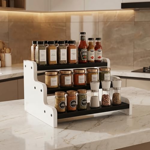 Image of Wooden 3 Tier Kitchen Organizer Rack for Countertop | Spice Rack Stand for Kitchen Counter | Masala Storage Shelf | Multipurpose Kitchen Storage Rack - Black-White