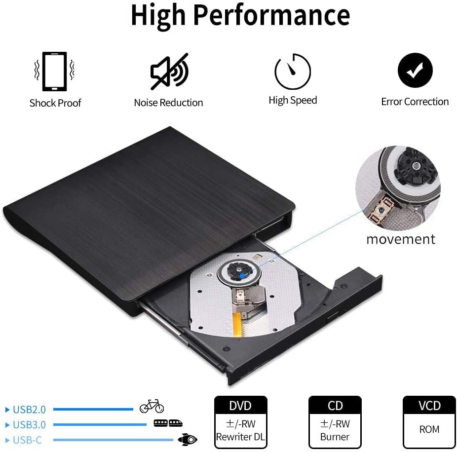 Unidad externa CD DVD USB 3.0 tipo C portátil negra miniatura 3