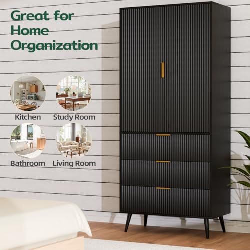 Image of Fluted Tall Cabinet, Kitchen Pantry Cabinet with Adjustable Shelves, Wood Cupboard with 3 Drawers 2 Doors, Mid Century Modern Cabinet for Living Room Dining Room Entryway Office, Black