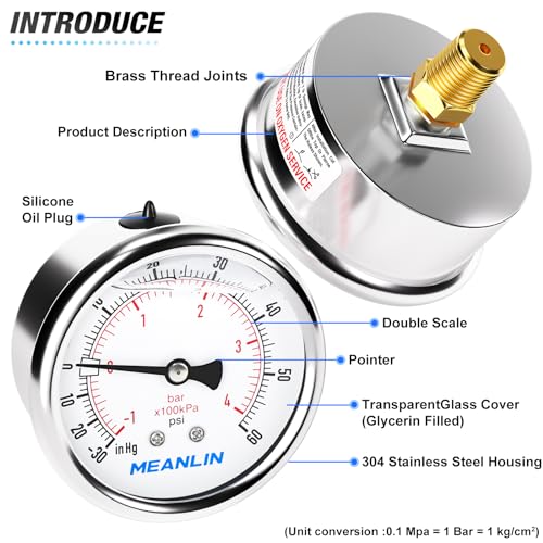 Image of MEANLIN MEASURE -30inHG~60Psi Vacuum Pressure Gauge 1 /4 inch NPT 2.5 inch FACE DIAL, Stainless Steel Liquid Filled Pressure Gauge WOG Water Oil Air Center Back Mount