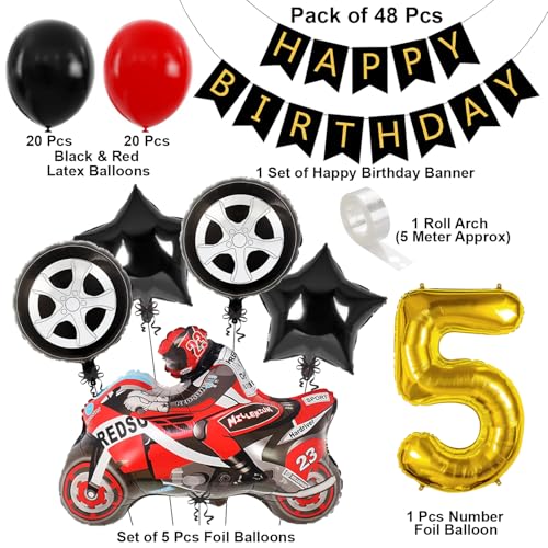 Image of Velunza Race Car Theme 5th Birthday Decoration Kit with Red Black Balloons, Happy Birthday Paper Banner, Bike Foil Balloon & 5 Number Foil Balloon Party Decoration Set for Boys Pack of 48 Pcs