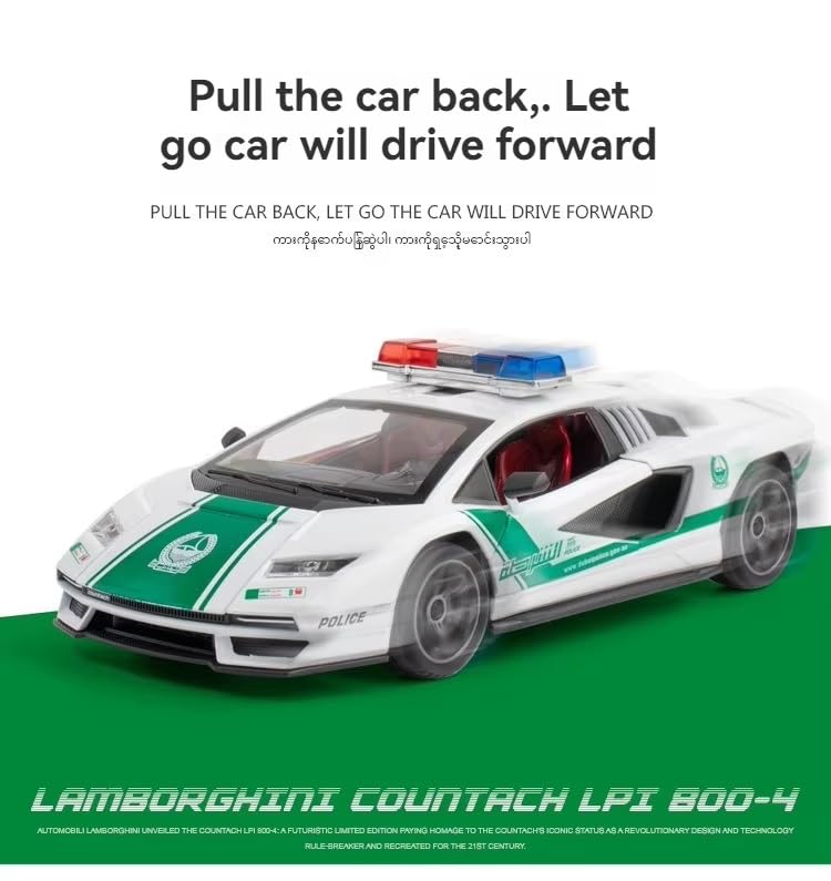 Image of 1:24 Lamborghini Countach LPI 800-4 Diecast Metal Pull-Back Car - 4 Openable Doors, Sound & Light - Luxury Toy Car & Gift for Kids & Collectors, Multicolor