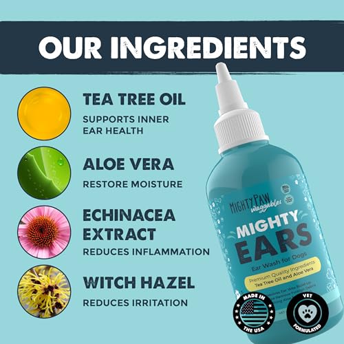 Mighty Paw Waggables Dog Ear Wash - 4 oz (Made in USA) | Cleaner Solution. Wash Cleaner Aloe Vera Pet Drops. Liquid Cleaner for Dogs. for Itchy, Yeast & Healthy Ear Canals