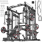 Smith Machine with Cable Crossover System, Multi-Function Power Cage Squat Rack for Home Gym, Power Rack and Packages Weight Sets. (Black, L04-Smith Machine+Bench+(Pole+Cast lron) 336LBS)