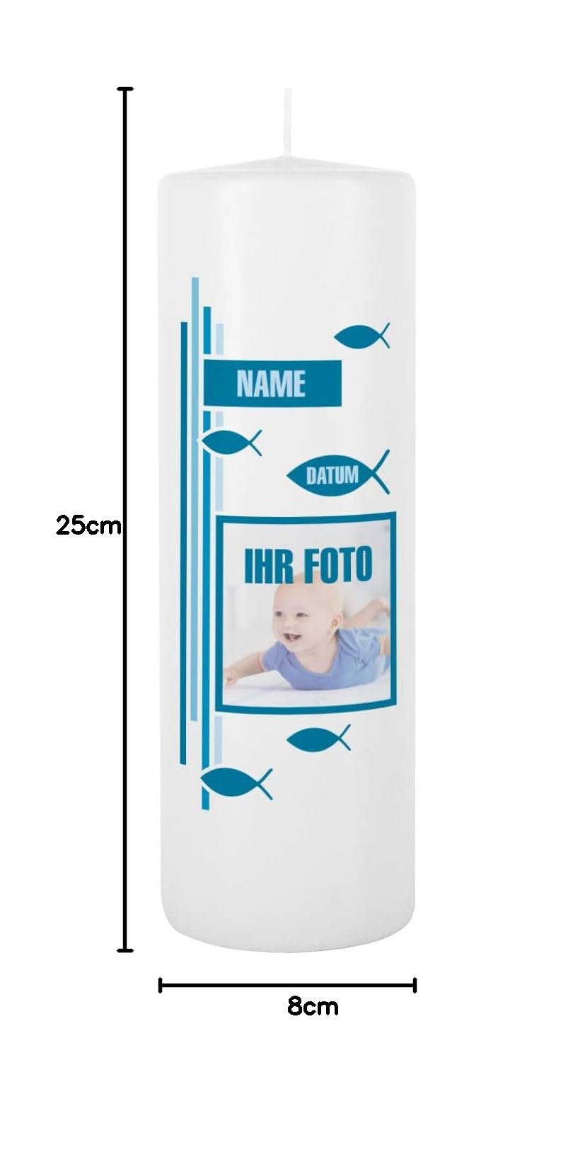 Striefchen® Taufkerze mit Foto, Namen u. Taufdatum, blau 8 x 25 cm (Kreuz)