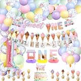 Ice Cream 1st Birthday Decorations, include Sweet One Banner, Monthly Photo Banner, Ice Cream ONE Honeycomb Centerpiece, Cake Toppers, Balloons for Girls Sweeties Baby First Birthday Party Supplies