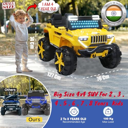 Image of Driving EV Cars for 1, 2, 3, 4, 5, 6 Years | Remote + Steering + Mobile App Control | Kids Jeeps (Thar Jumbo Size Jeep [1-8 Year Kids], Yellow)