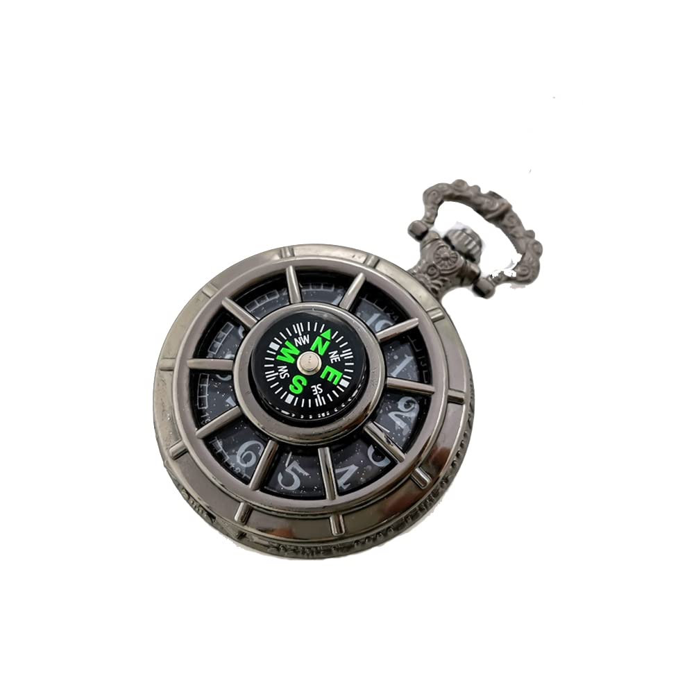 uonz Multifunctional Zinc Alloy Steampunk Compass Quartz Pocket Watch Fob for Unisex (Black)