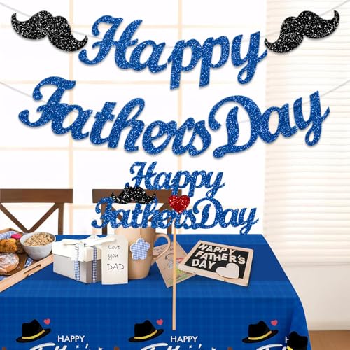 FHGG Happy Father's Day Banner Decorations Glittery Blue Cake Topper Fathers Party Dad's Papa's Garland for Father's Day Supplies Home Celebrate - Image 2