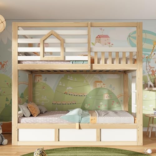 Merax Litera infantil de 90 x 200 cm, litera con espacio de almacenamiento hidráulico, ventanas y barandillas de seguridad, cama infantil de madera maciza para 2 niños, color blanco/madera natural