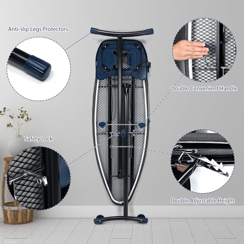 Duwee Extra Large Ironing Board with Wheels, Extra Wide Ironing Board for Steam Generator Irons, Heavy Duty and Foldable Legs, 10 mm Felt Pad, Black, 135 x 46 cm - Image 6