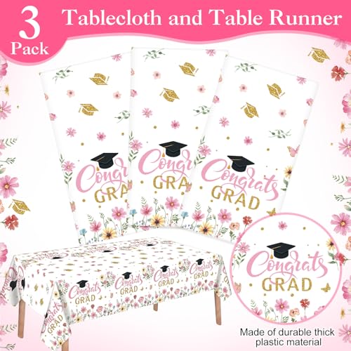 Image of Ganeen 3 Pcs Graduation Tablecloth Floral Class of 2026 Congrats Grad Table Cloths Pink Disposable Plastic Rectangle Table Cover for 2026 Graduation Decorations Grad Party Supplies, 54 x 108 Inch