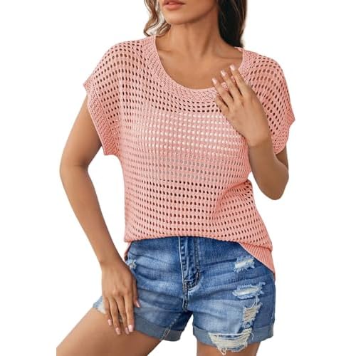 Pink Queen Womens Crochet Tops Cap Sleeve Crew Neck Knit Hallow Out Pullover Top 2025 Summer Outfits Crystal Rose Small