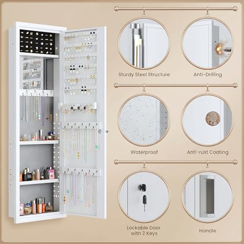 Image of Mirror Jewelry Cabinet, 47.24 inch Tall Lockable Wall Mounted Jewelry Armoire Organizer with Mirror and Magnetic Light, Christmas Gift, Jewelry Storage with Adjustable Shelves