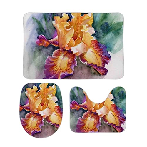 DAIERCY Rutschfestes Badezimmer-Teppich-Set, 3-teilig, Badematten-Set, gelbe Blumen, Badteppich und U-förmige…