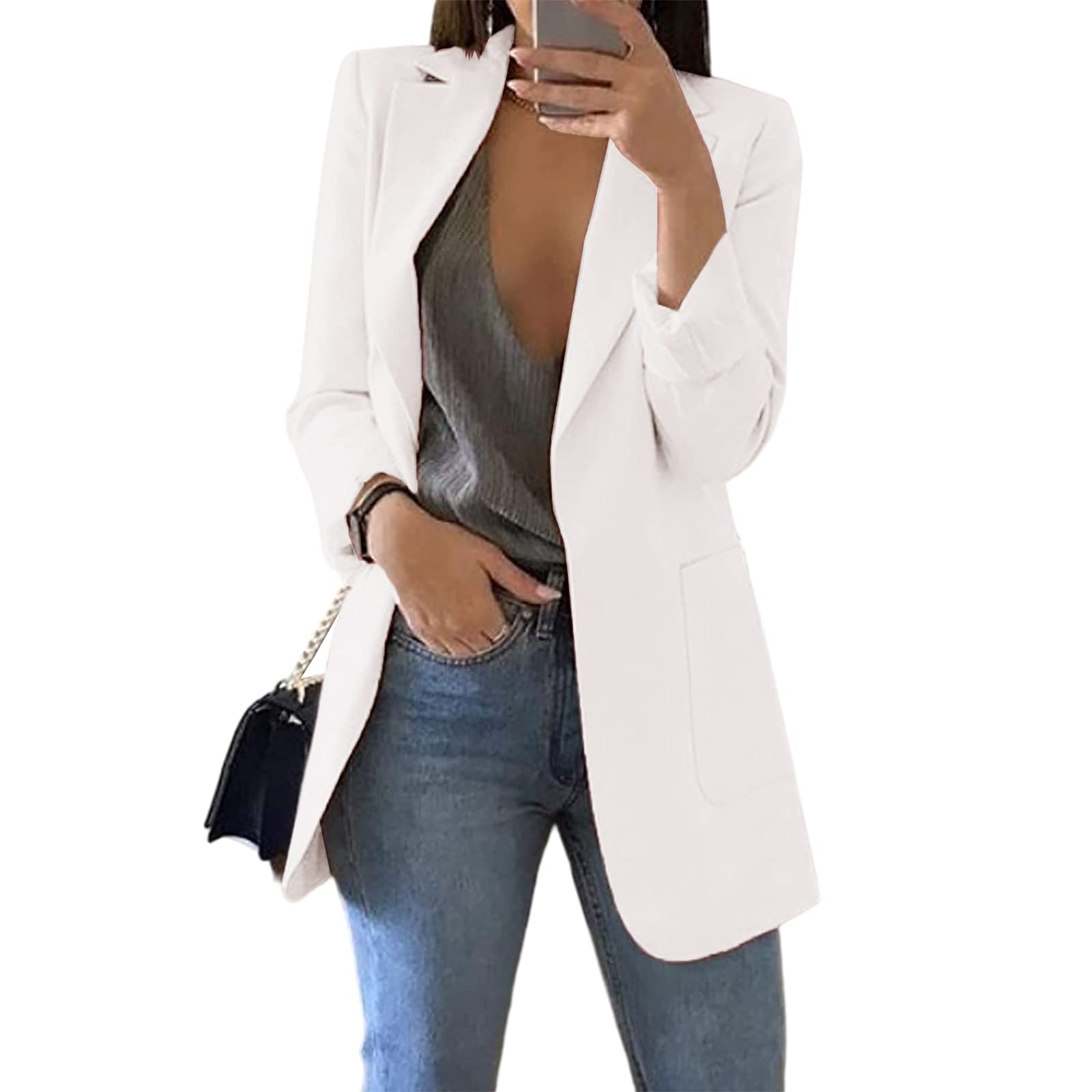 Photo 1 of Cnkwei Womens Casual Blazers Open Front Lapel Collar Long Sleeve Work Office Jacket White