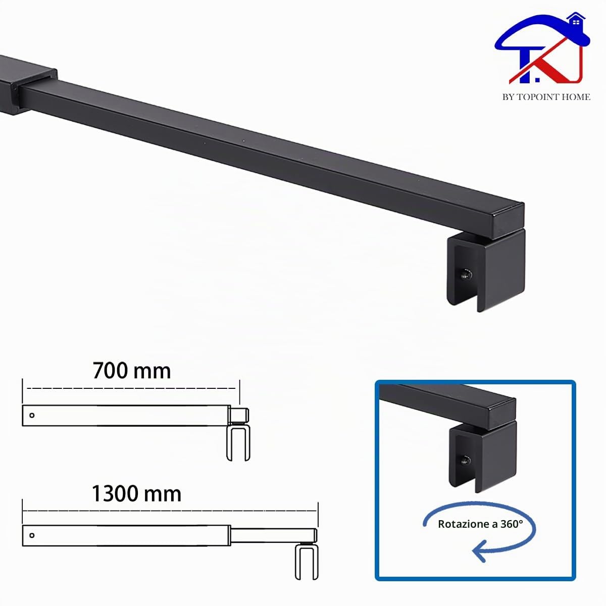 T&K Asta di sostegno Asta di supporto telescopica nero lunghezza regolabile 700mm a 1300mm, per schermi doccia e pannelli vasca, compatibile con vetro da 6-10mm