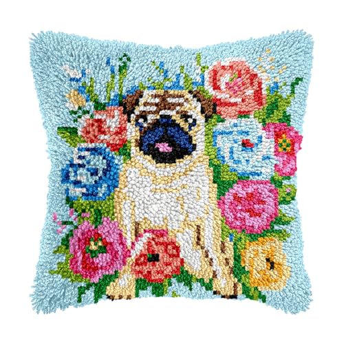 Image of bositigo Dog Latch Hook Pillow Kit for Adults & Kids, DIY Pre-Printed Canvas Craft, 17x66 Inch Decorative Cover for Sofa Cushions, Bedroom Decor (Dog Pattern 50)
