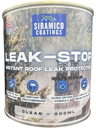SIRAMICO COATINGS Leak Stop Clear Instant Waterproof Leak Sealer | 500ml | Perfect Paint for Flat and Pitched Felt, Shed & Garage Roofs | Easy to Apply & Fast Dry