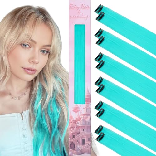 Image of WENNALIFE 12 PCS Teal Hair Extensions Clip in, Colored Clip in Hair Extensions for Kids Highlights Rainbow Hair Clips for Girls Synthetic Straight Pop-up Style Colorful Festival Girls Hair Accessories