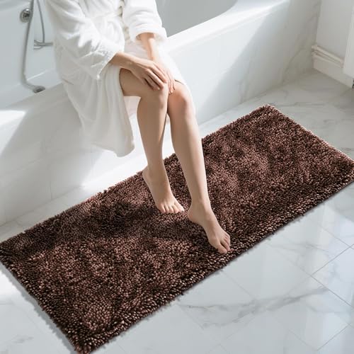 Image of Yimobra Long Bathroom Rugs Runner 60x24 Inch, Extra Thick Soft Absorbent Chenille Bath Mat, Non Slip Machine Washable, Quick Dry Bath Rugs for Bathroom Floor, Tub and Shower, Brown