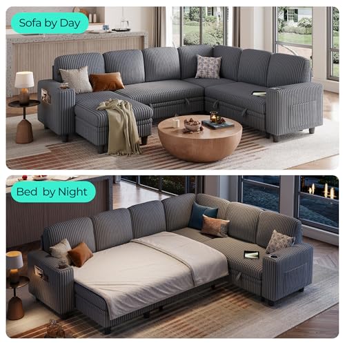 Image of LINSY HOME Sectional Sleeper Sofa Pull Out Couches for Living Room (Grey, Sleeper Sofa 4) | Pull Out Sofa Bed, Storage, USB Charging, Cup Holders, Plush Corduroy