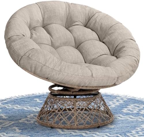 Bme 40" Ergonomic Wicker Papasan Chair with Soft Thick Density Fabric Cushion, High Capacity Steel Frame, 360 Degree Swivel for Living, Bedroom, Reading Room, Lounge, Silver Cloud - Brown Base