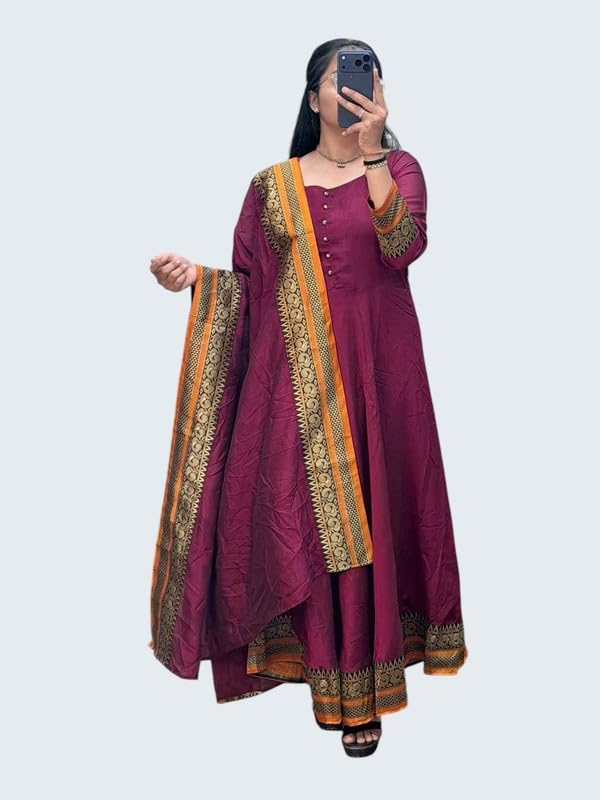 Image of Women's Vichitra Silk Anarkali Gown with Dupatta | Designer Flared Ethnic Long Gown for Women | Festive Wedding Traditional Dress