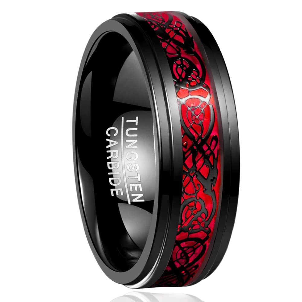NUNCAD8mm Anillo Parejas de Tungsteno Negro con Ópalo Imitado Rojo y Dragón Celta Negro para Boda Compromiso Carnaval Hombre Mujer Talla 9.25-33.5