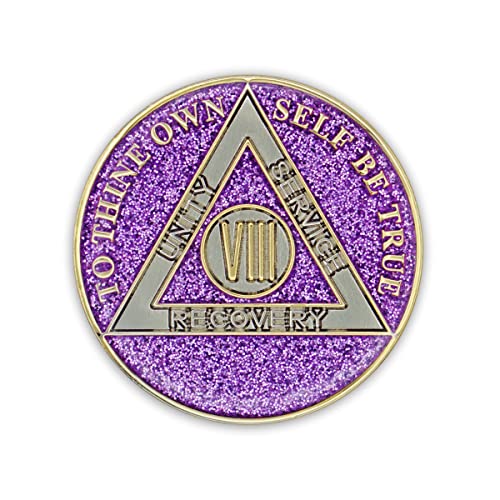 Image of 8 Year Sobriety Coin | Glitter Triplate AA Chip | Recovery Anniversary Token (Purple)