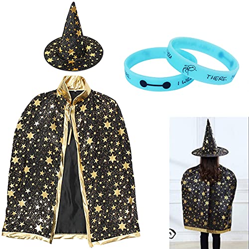 Party Decorations Costume Wizard Cape Witch Cloak with Hat and 2 Pcs Luminous Bracelets Set Performance Cosplay Costume Little Witch Magician for Kids Boys Girls Role Play Party