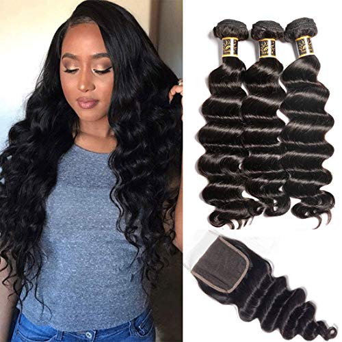 Ms Sunlight Brazilian Loose Deep Wave Bundles with Closure 100% Unprocessed Virgin Human Hair Bundles with Lace Closure with Baby Hair Full and Thick Brazilian Hair with Closure