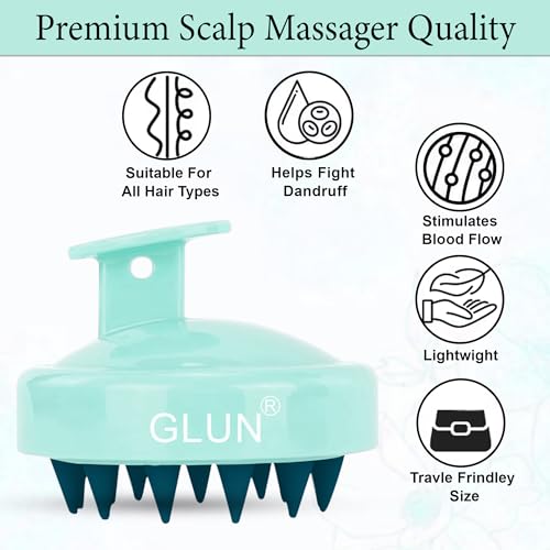 Image of GLUN Anti-Dandruff Round Turquoise Scalp Massager with Elastic Closing Pink Hair Bonnet Cap with 3 Satin Scrunchies Combo, Treatment Accessories for Hairs, Ideal for Curly & Natural Hair