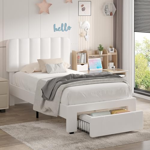 Image of VECELO Twin Size Upholstered Bed Frame with Drawer and Headboard, Velvet Platform Storage Bedframe, Wooden Slats Support, No Box Spring Needed, White