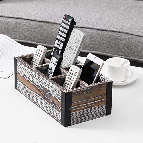 Mygift Rustic Torched Wood 5-Compartment Remote Control Holder, Media Storage Organizer Caddy With Black Metal Corner Wraps #TOP1