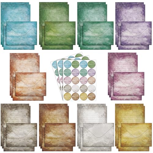 Image of TaoBary 160 Pcs Stationery Paper Set 50 Double Sided Stationery Papers with 50 Matching Envelopes and 60 Round Dot Sticker, 10 Design (Vintage,8.25 x 5.5 Inch)