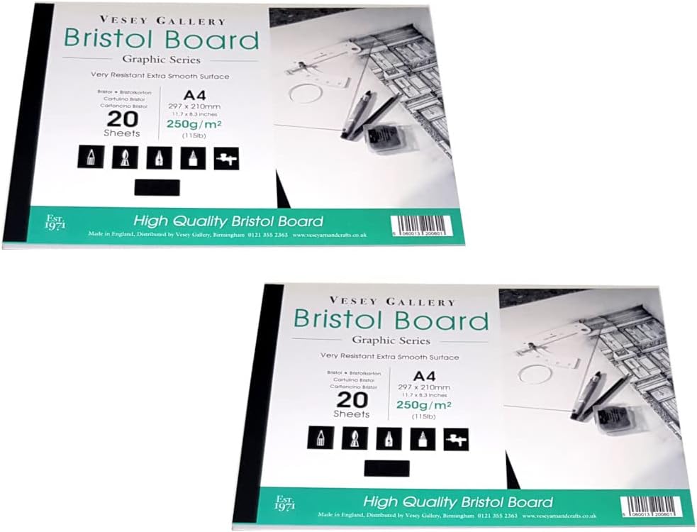 2 x A4 Bristol Board Pads by Vesey Gallery. 40 Sheets of White Ultra Smooth 250gsm Board