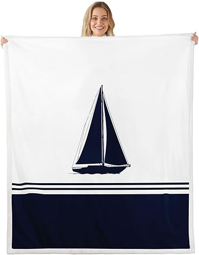Nautical Navigation Themed Bed Blanket,Sailing Boat Flannel Blanket for Room Decor,Navy Blue White Fleece Blanket for Kids Adults Sofa Dorm Azul